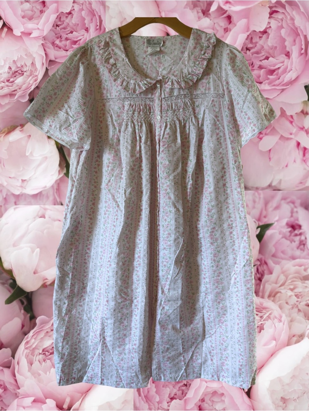 Vintage NWT Nightgown Pink Floral Peter Pan Collar Lightweight Character Large